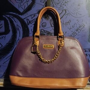 Joy & Iman purple tan vegan leather gold chain satchel/ purse. Has little watch